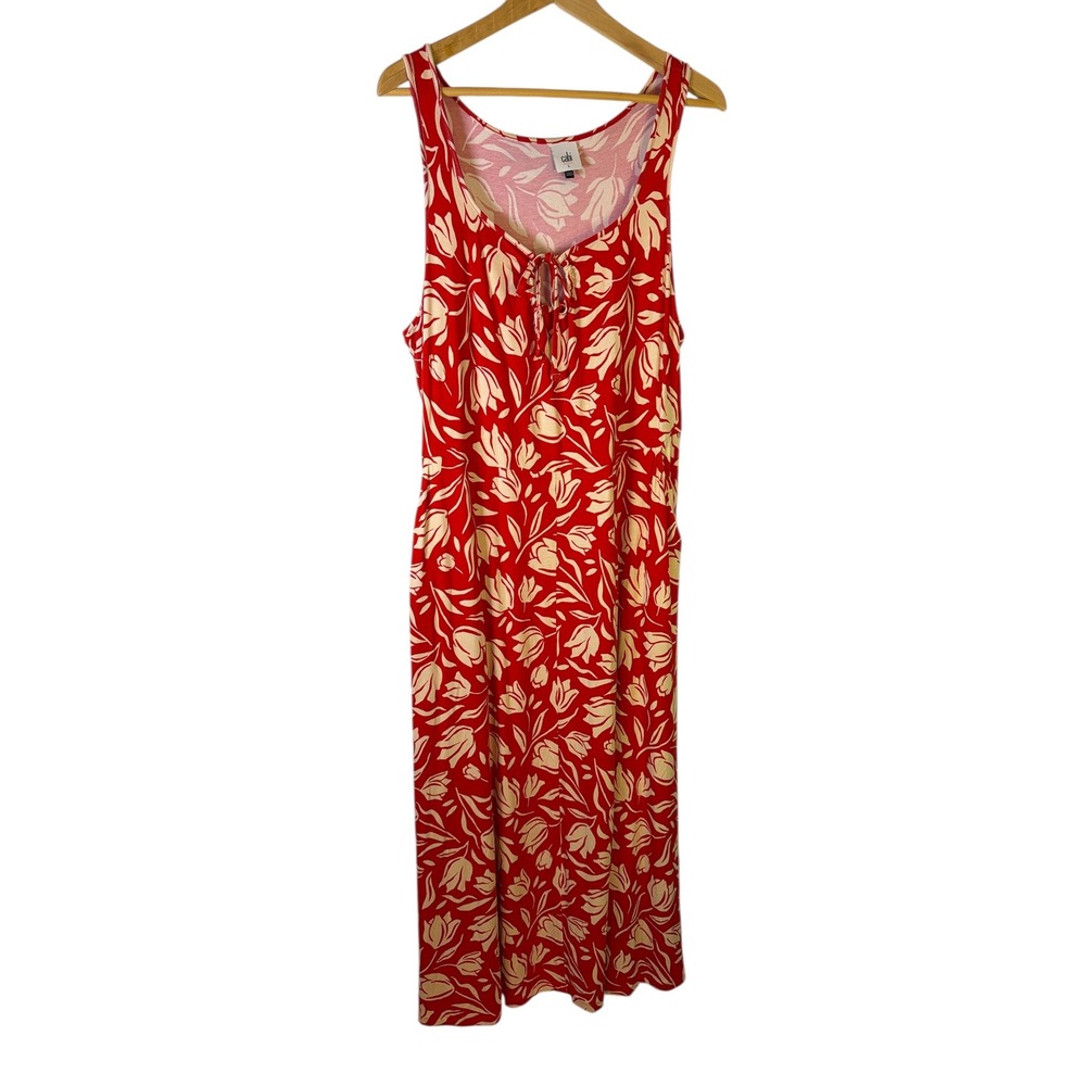 Cabi Tearoom Dress Red Tulip Floral A-Line Midi Slash Pockets Side Slit Large